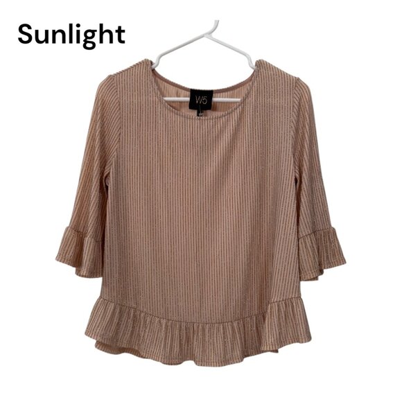 W5 Womens Ruffle Sleeve Rose Gold Metallic Striped Top Blouse SZ M Stretch - Picture 1 of 10